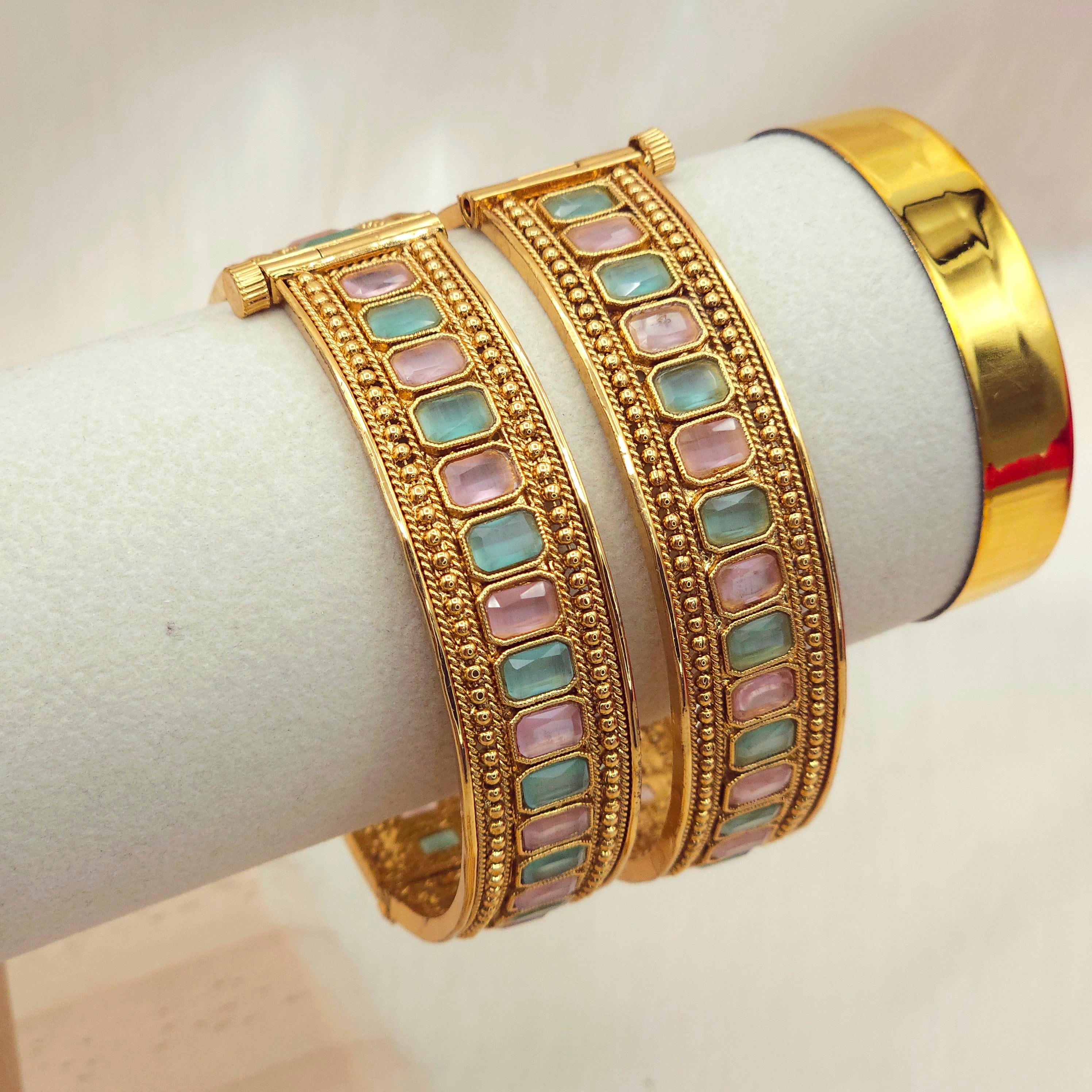 Gold Openable Bangle Set - Mint Pink