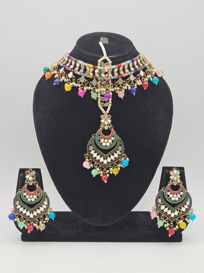 Priya Multicolor Mirror Choker Necklace Set - Gold