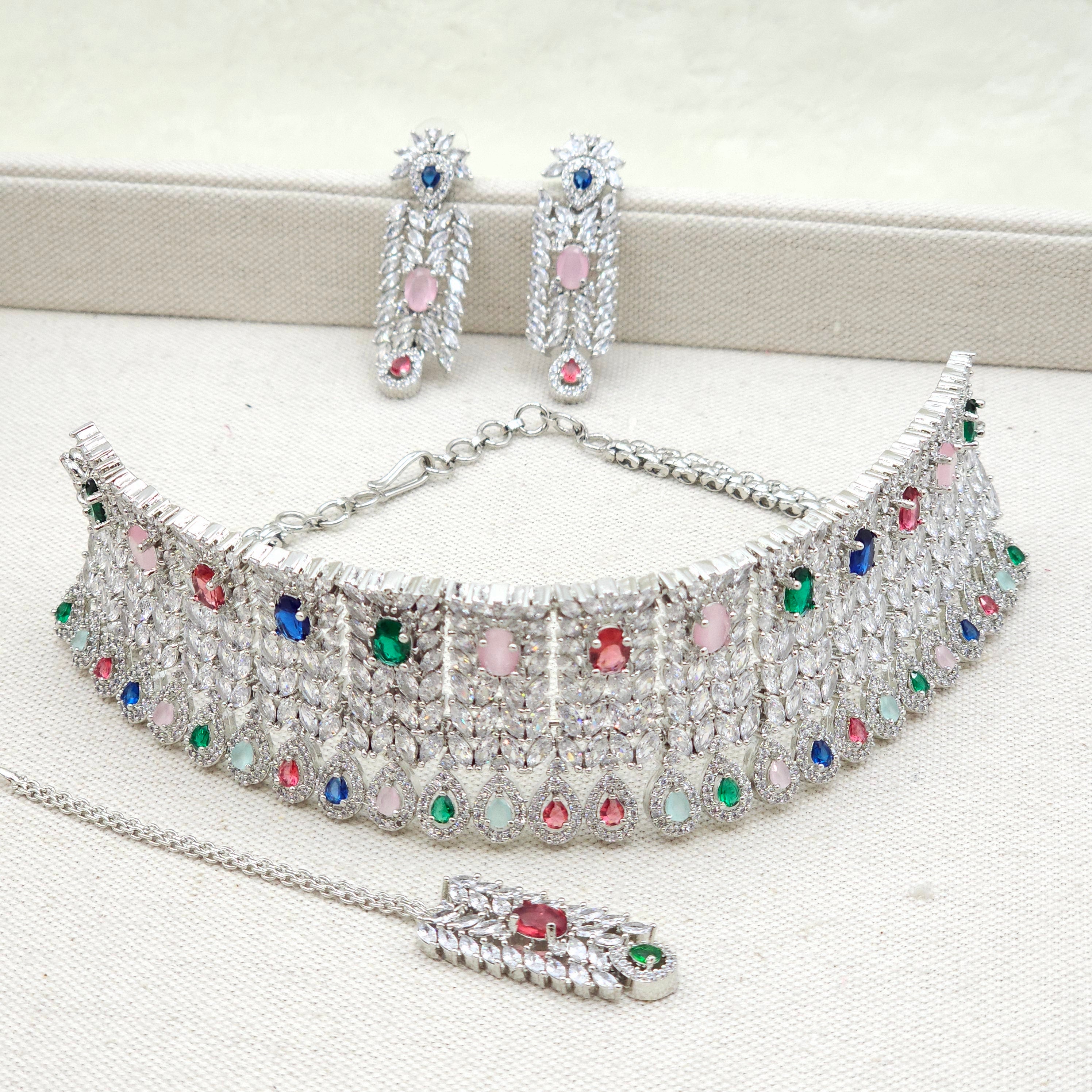 Simone Bridal Choker Set Silver Multi