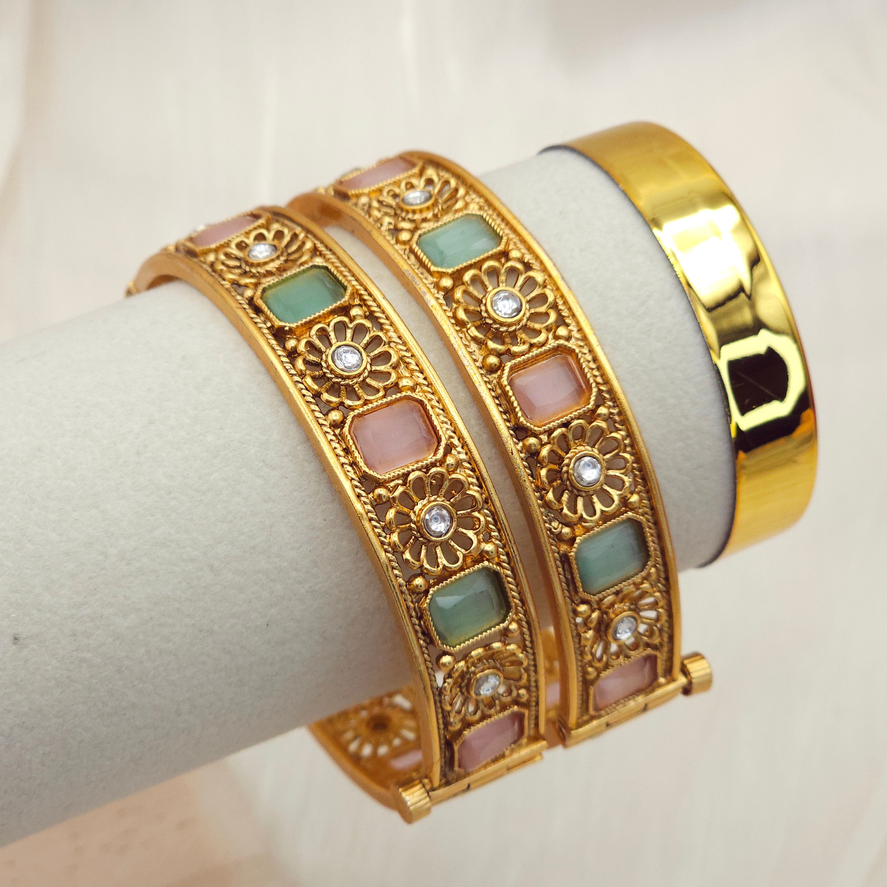 Gold Openable Bangle Set - Mint Pink