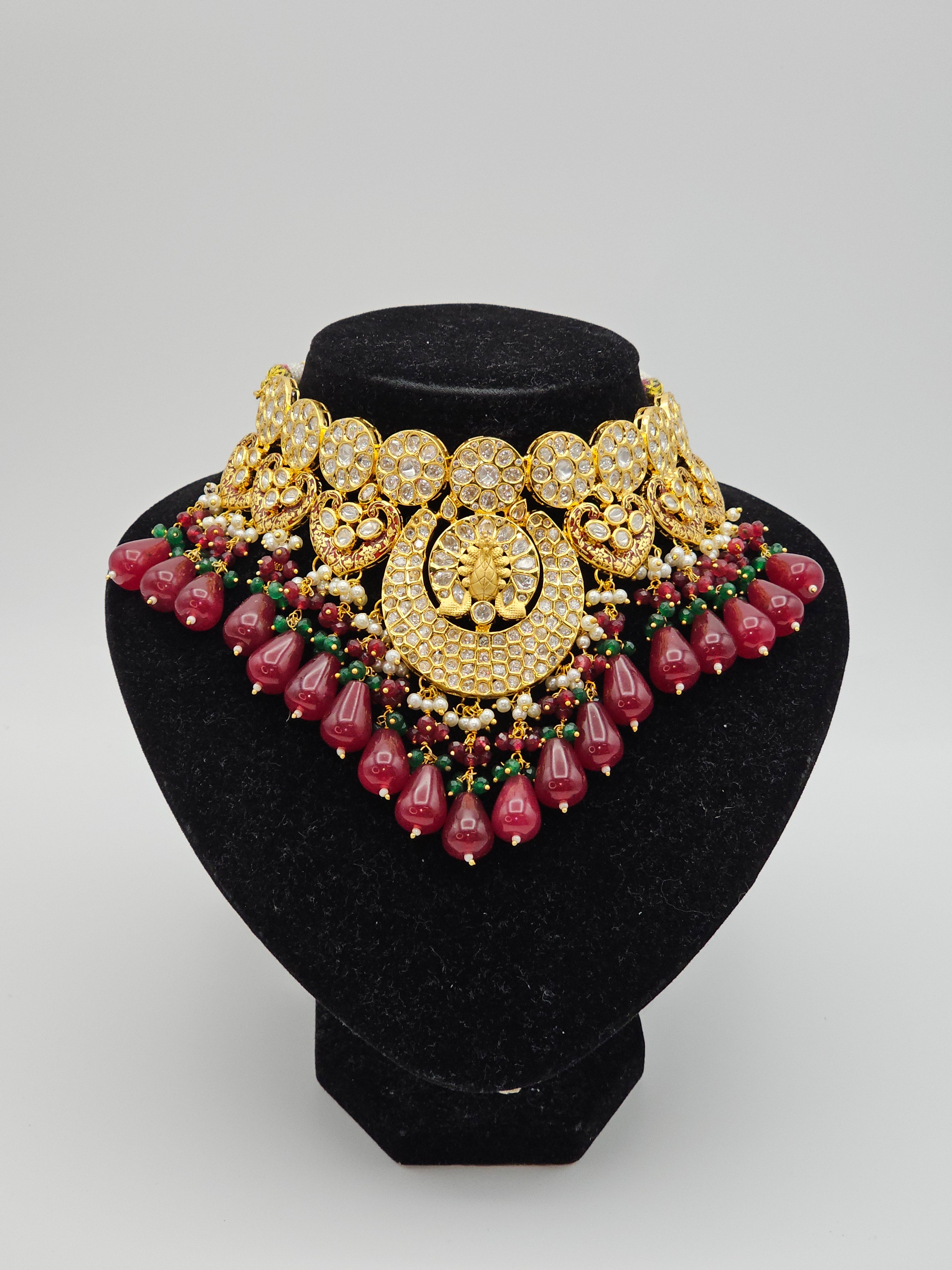Maroon Gold Paachi Kundan Bridal Choker Necklace Set