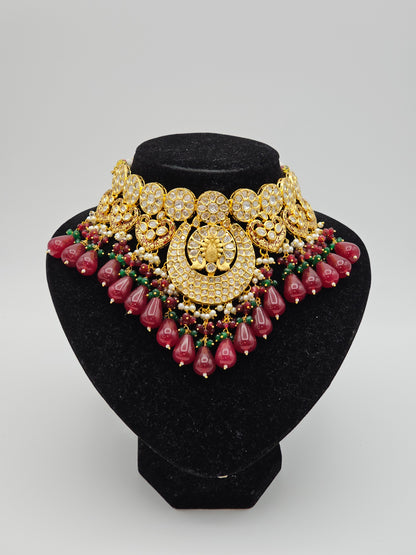 Maroon Gold Paachi Kundan Bridal Choker Necklace Set