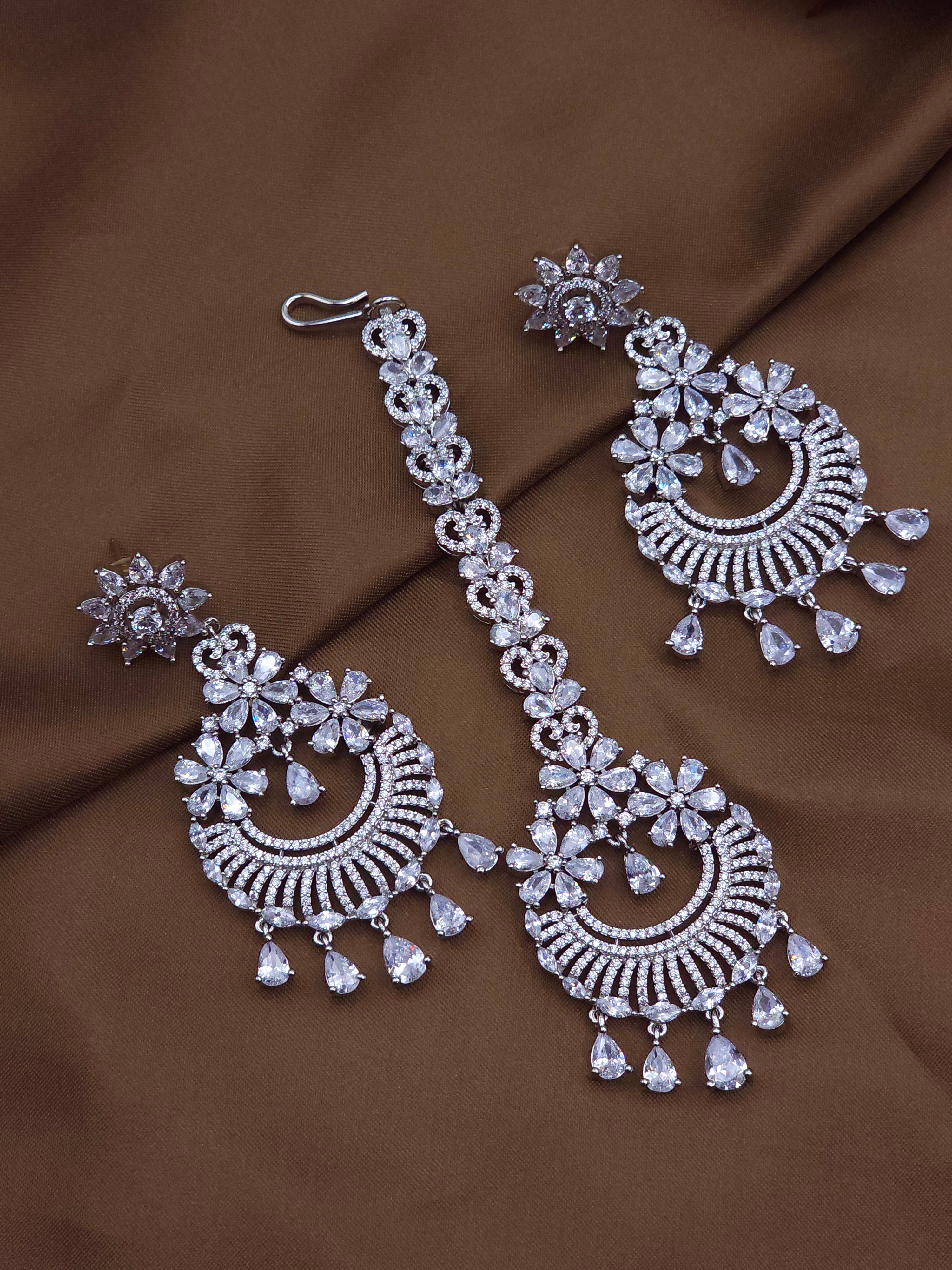 CZ Diamond Chandbali Earrings Tikka Set